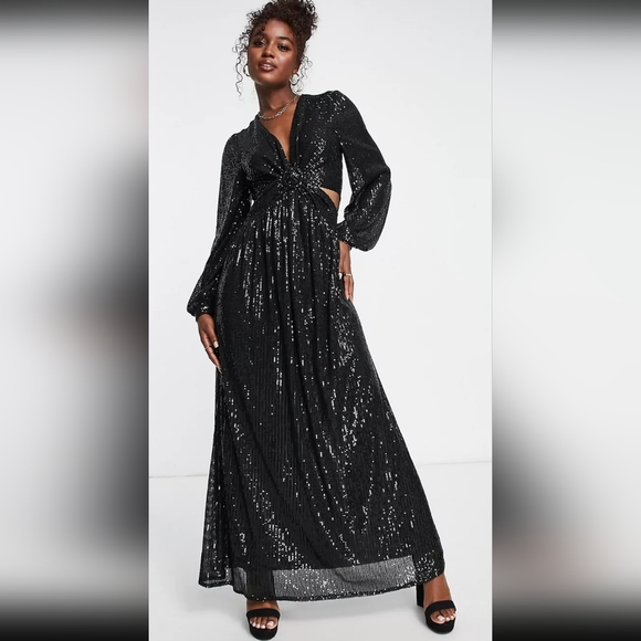 knee length dresses for ladies Galaxy | Black Sequin Turtle-Neck Long-Sleeve Maxi Dress